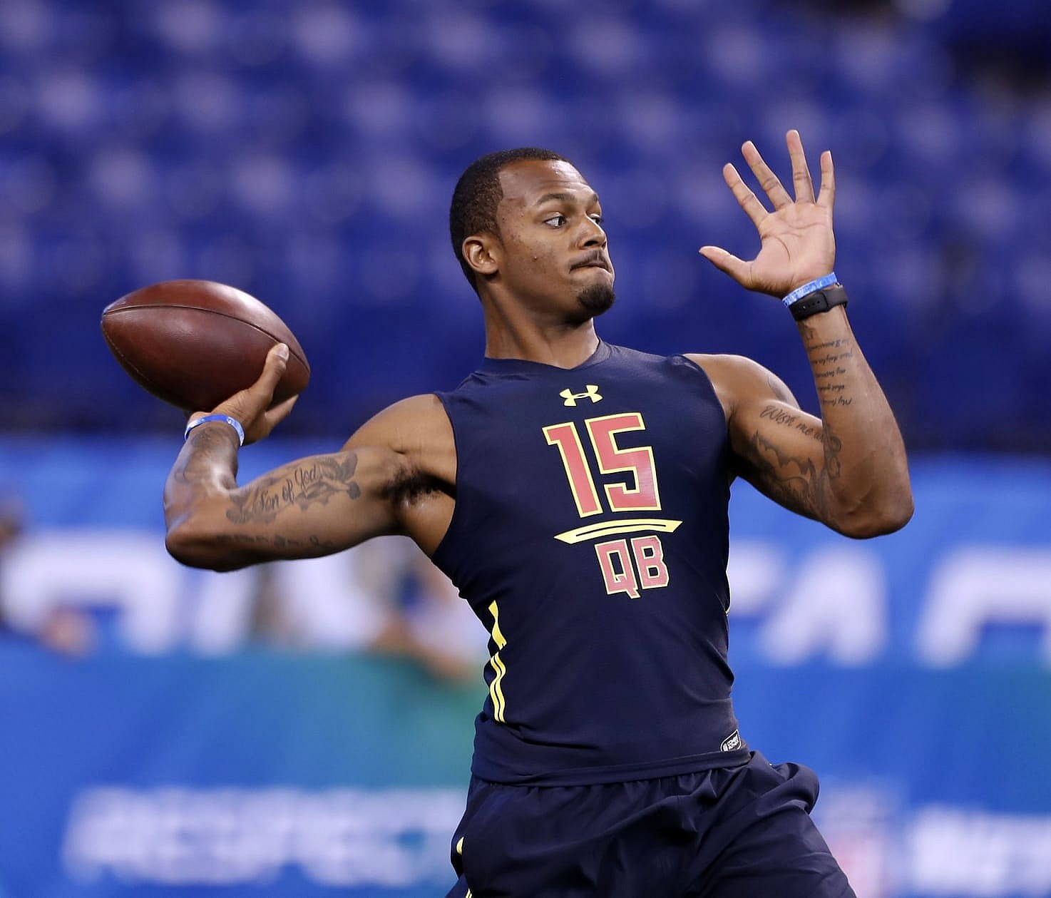 Mar 4, 2017; Indianapolis, IN, USA; Clemson Tigers quarterback Deshaun Watson throws a pass during the 2017 NFL Combine at Lucas Oil Stadium. Mandatory Credit: Brian Spurlock-USA TODAY Sports