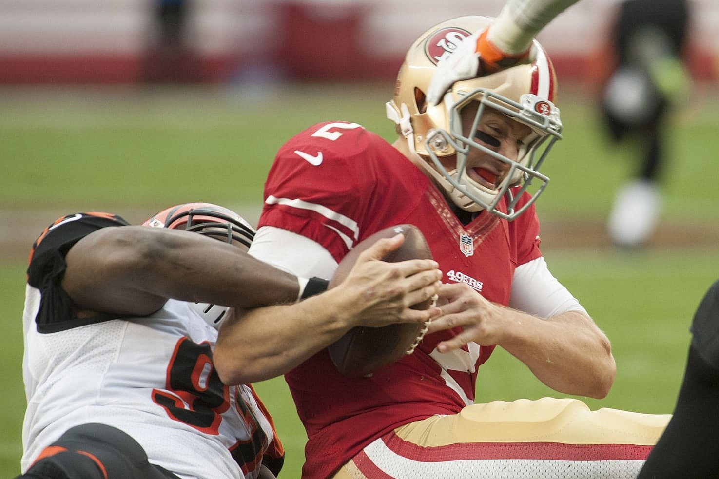 Dec 20, 2015; Santa Clara, CA, USA; Cincinnati Bengals defensive tackle Geno Atkins (97) sacks San Francisco 49ers quarterback Blaine Gabbert (2) during the third quarter at Levi's Stadium. The Cincinnati Bengals defeated the San Francisco 49ers 24-14. Mandatory Credit: Ed Szczepanski-USA TODAY Sports