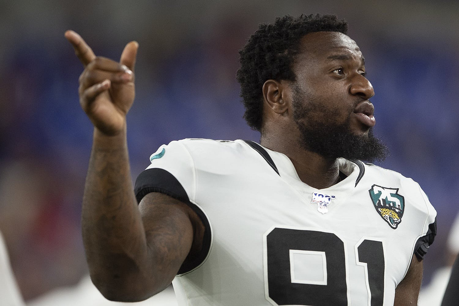Las Vegas Raiders sign Aug 8, 2019; Baltimore, MD, USA; Jacksonville Jaguars defensive end Yannick Ngakoue (91) stands in the bench area during the second half against the Baltimore Ravens at M&T Bank Stadium. Mandatory Credit: Tommy Gilligan-USA TODAY Sports