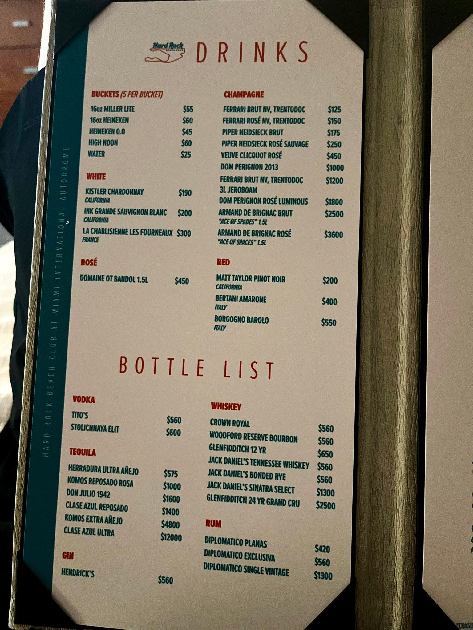Miami Grand prix menu prices