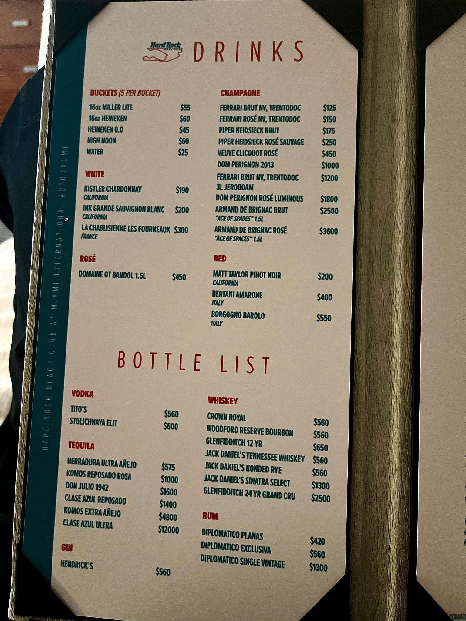 Miami Grand prix menu prices
