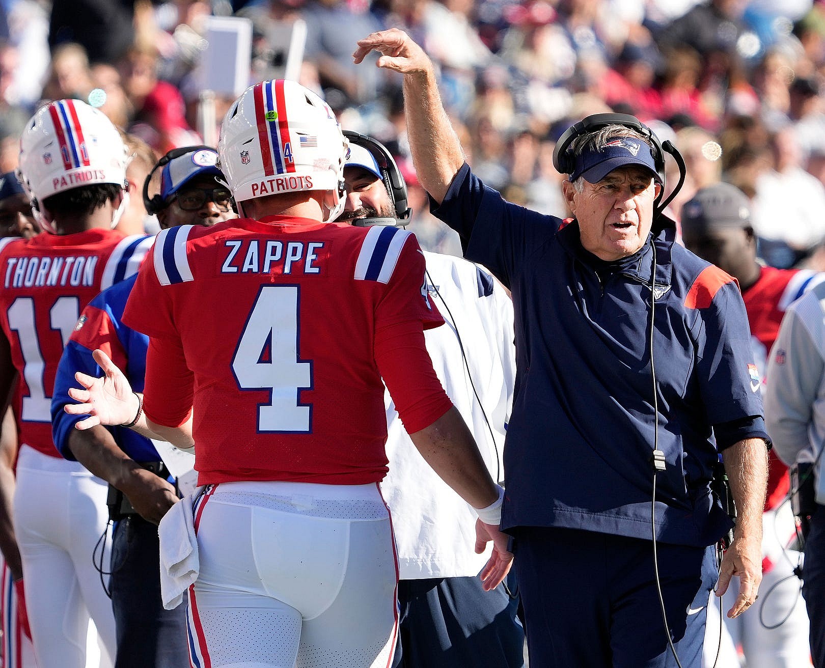 bailey zappe and bill belichick during game against the browns