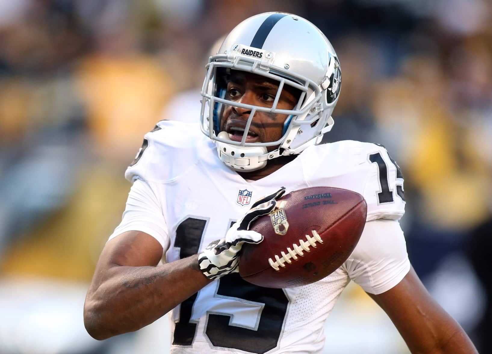 Nov 8, 2015; Pittsburgh, PA, USA; Oakland Raiders wide receiver Michael Crabtree (15) reacts after scoring on a thirty-eight yard touchdown pass against Pittsburgh Steelers during the fourth quarter at Heinz Field. The Steelers won 38-35. Mandatory Credit: Charles LeClaire-USA TODAY Sports