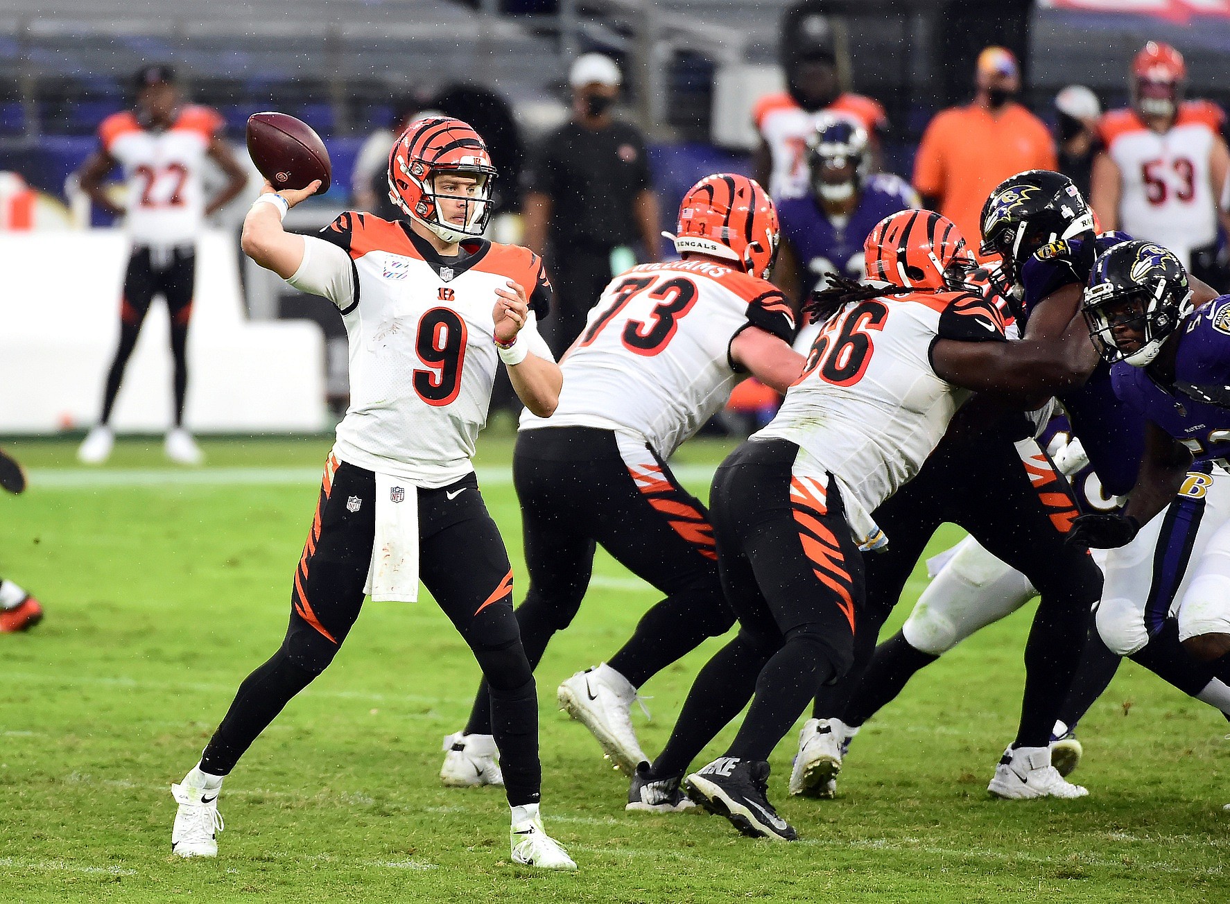 Oct 11, 2020; Baltimore, Maryland, USA; Cincinnati Bengals quarterback Joe Burrow (9) throws a pass in the third quarter against the Baltimore Ravens at M&T Bank Stadium. Mandatory Credit: Evan Habeeb-USA TODAY Sports