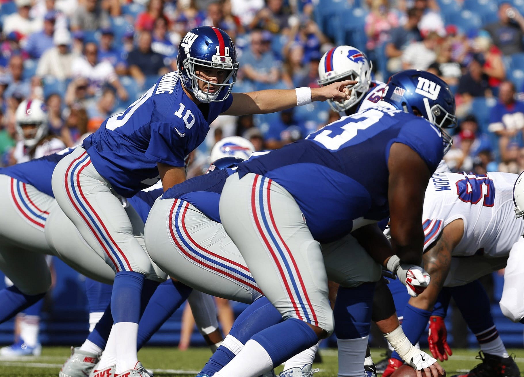 Aug 20, 2016; Orchard Park, NY, USA; New York Giants quarterback Eli Manning (10) calls a play during the first half against the Buffalo Bills at New Era Field. Mandatory Credit: Timothy T. Ludwig-USA TODAY Sports 
