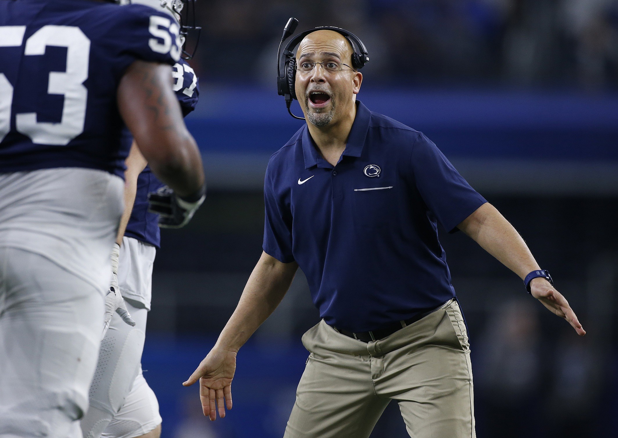 Dec 28, 2019; Arlington, Texas, USA; Penn State Nittany Lions head coach James Franklin reacts to a touchdown in the game against the Memphis Tigers at AT&T Stadium. Mandatory Credit: Tim Heitman-USA TODAY Sports