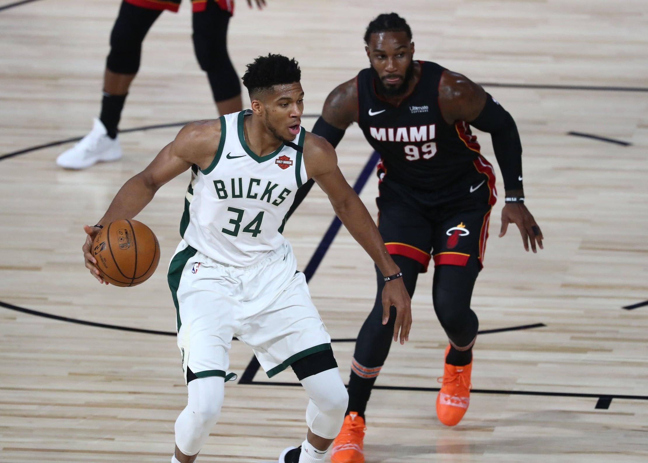 Milwaukee Bucks star Giannis Antetokounmpo vs. the Miami Heat