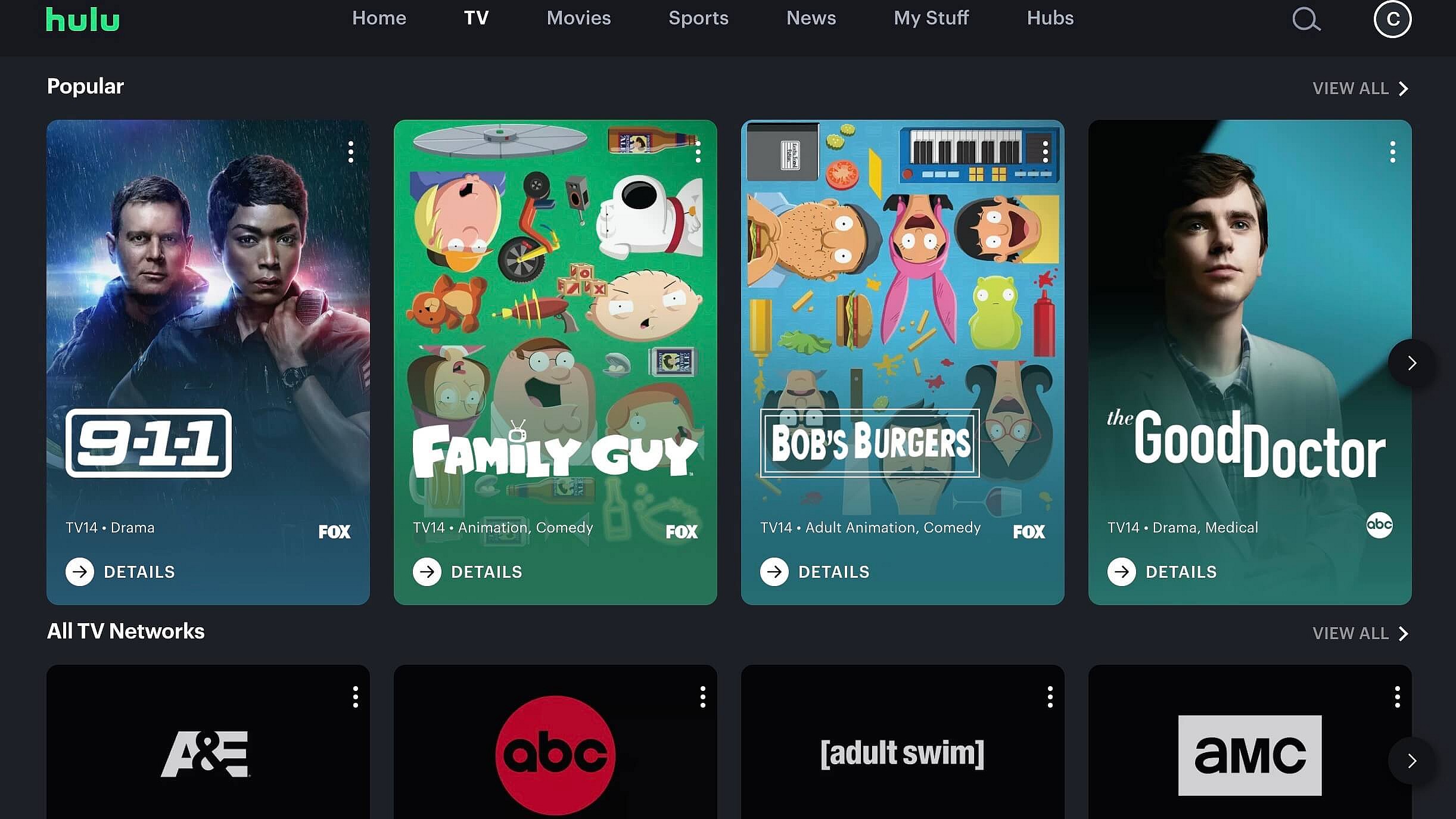Hulu home page screenshot with available shows