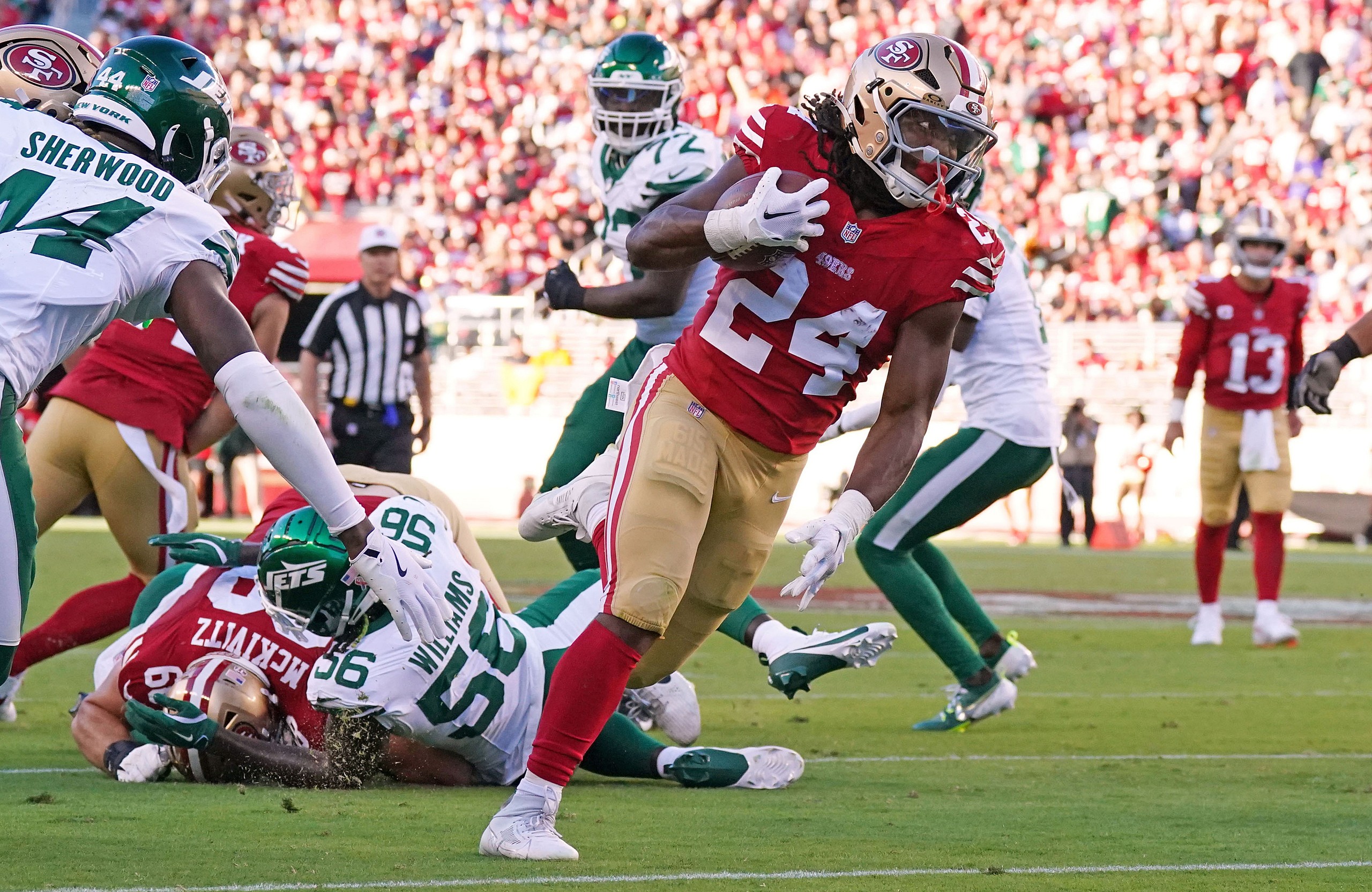 San Francisco 49ers' Jordan Mason against the New York Jets