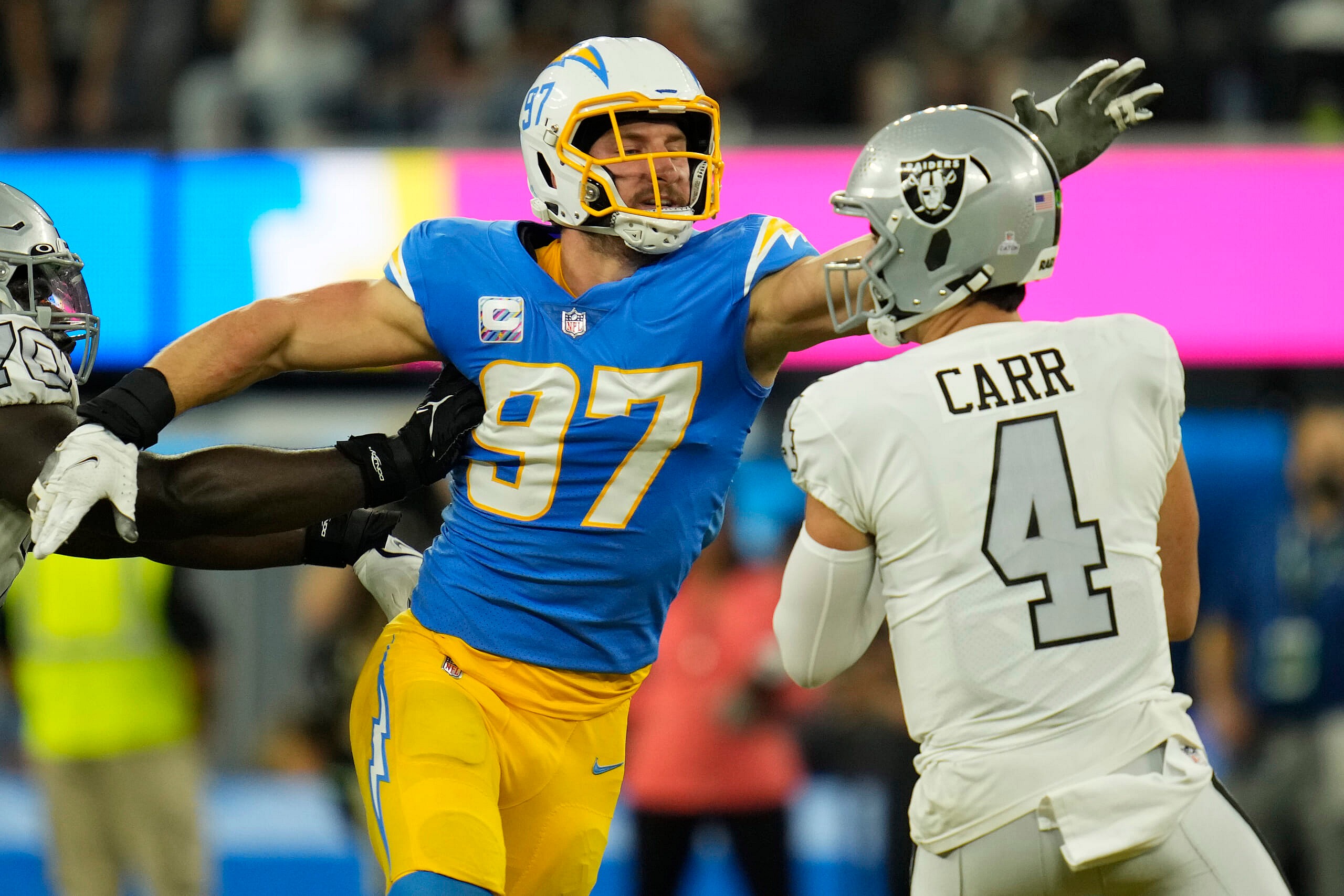las vegas raiders' derek carr responds to joey bosa
