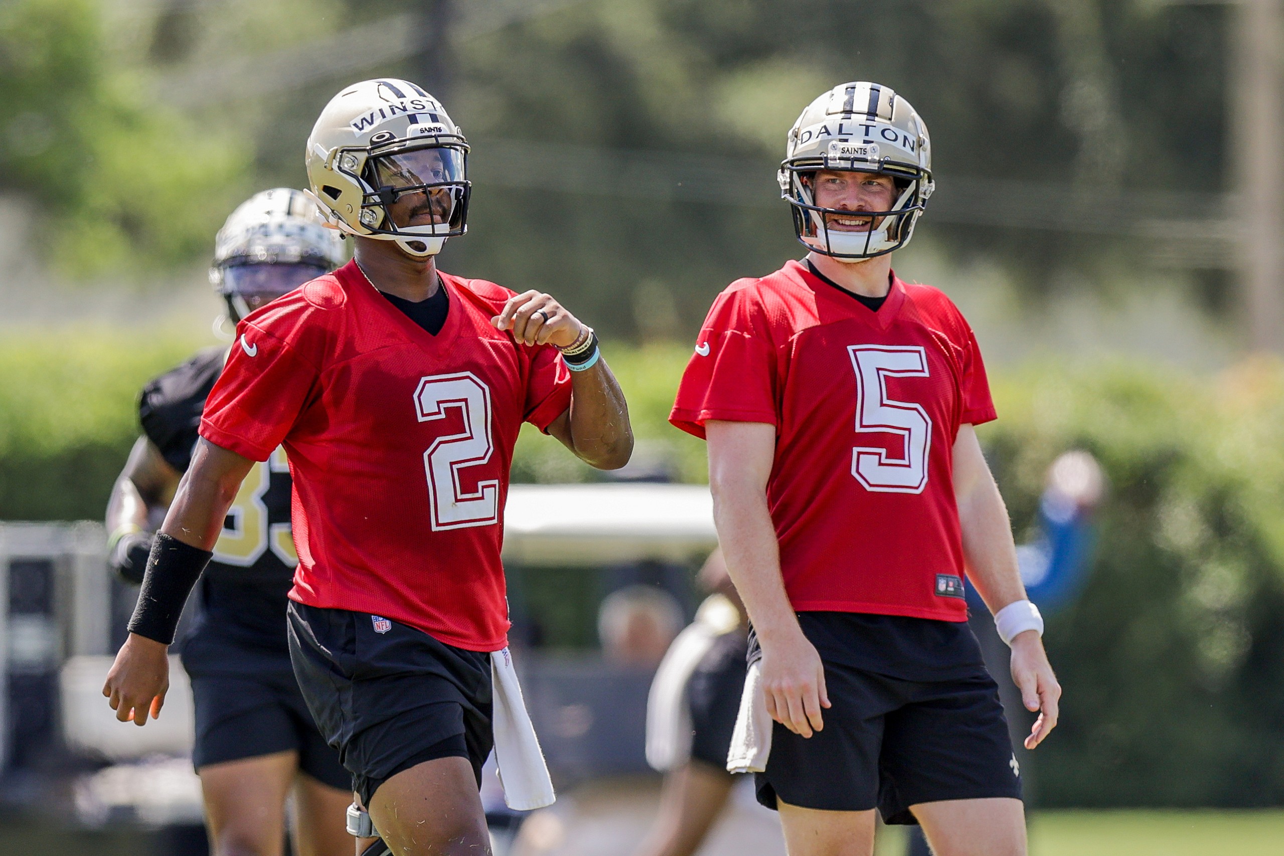 new orleans saints qbs jameis winston and andy dalton during otas