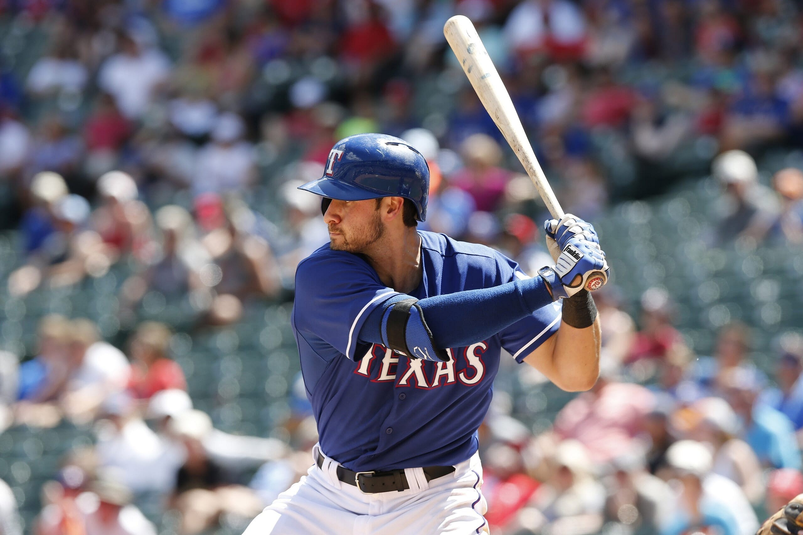  Jun 25, 2015; Arlington, TX, USA; Texas Rangers outfielder Joey Gallo (13) at bat against the Oakland Athletics at Globe Life Park in Arlington. Mandatory Credit: Matthew Emmons-USA TODAY Sports