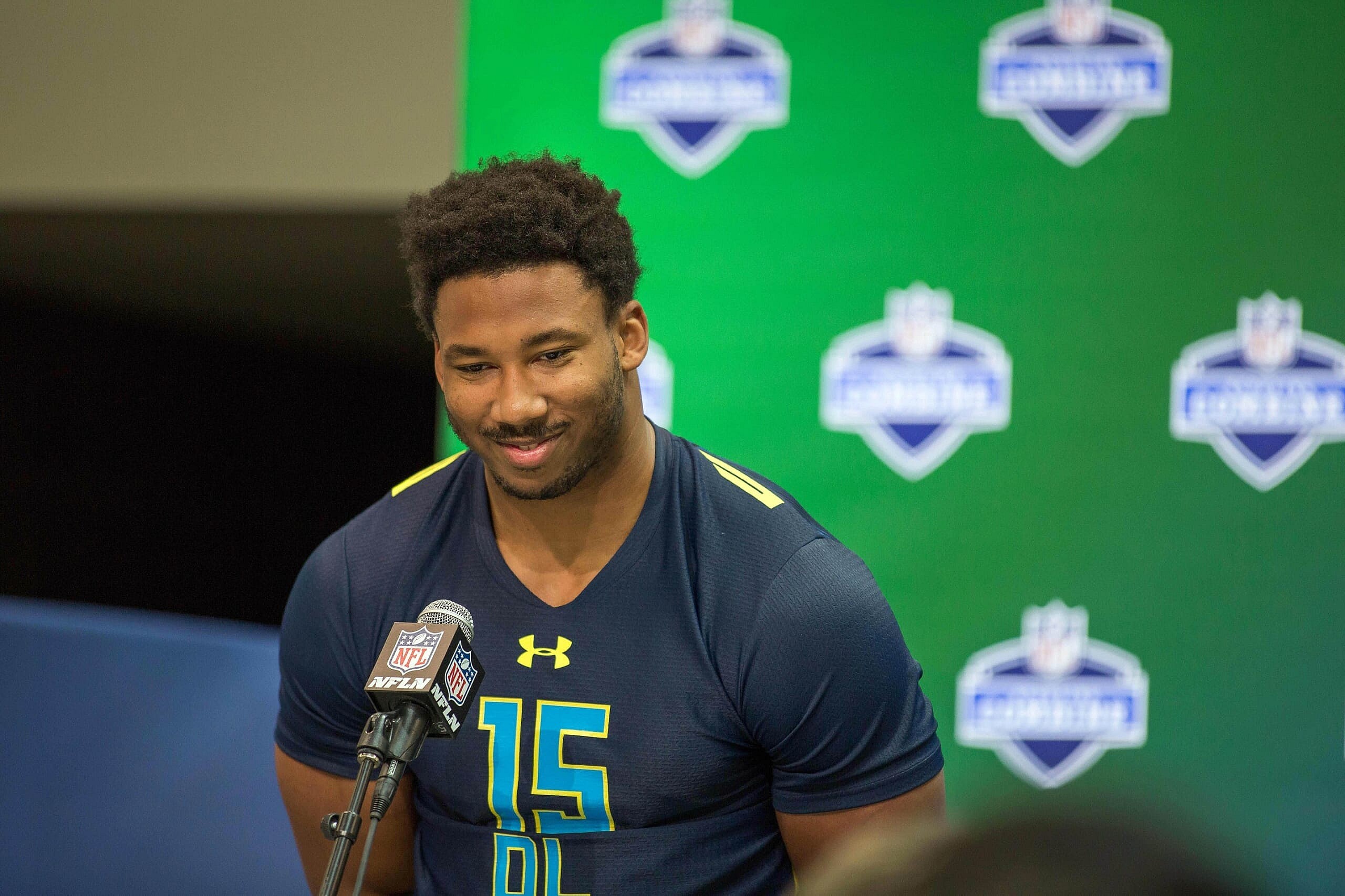 Mar 4, 2017; Indianapolis, IN, USA; Texas A&M defensive end Myles Garrett speaks to the media during the 2017 combine at Indiana Convention Center. Mandatory Credit: Trevor Ruszkowski-USA TODAY Sports