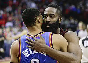Jan 5, 2017; Houston, TX, USA; Houston Rockets guard James Harden (13) hugs Oklahoma City Thunder guard Russell Westbrook (0) after the Rockets defeated the City Thunder at Toyota Center. Houston Rockets won 118 to 116. Mandatory Credit: Thomas B. Shea-USA TODAY Sports
