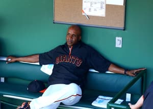Mar 10, 2014; Scottsdale, AZ, USA; San Francisco Giants former outfielder Barry Bonds in the dugout during the game against the Chicago Cubs at Scottsdale Stadium. Mandatory Credit: Mark J. Rebilas-USA TODAY Sports