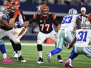 Oct 9, 2016; Arlington, TX, USA; Cincinnati Bengals tackle Andrew Whitworth (77) in action against the Dallas Cowboys at AT&T Stadium. Mandatory C