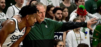 Dec 10, 2022; East Lansing, Michigan, USA;  Michigan State Spartans head coach Tom Izzo talks to guard A.J. Hoggard (11) in the second half against the Brown Bears at Jack Breslin Student Events Center. Mandatory Credit: Dale Young-USA TODAY Sports