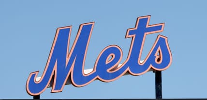 Mar 26, 2022; Port St. Lucie, Florida, USA;  The New York Mets logo stands in center field before the game against the Washington Nationals at Clover Park. Mandatory Credit: Reinhold Matay-USA TODAY Sports