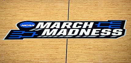 Mar 17, 2022; San Diego, CA, USA; A general view of the March Madness logo at midcourt during practices before the first round of the 2022 NCAA Tournament at Viejas Arena. Mandatory Credit: Orlando Ramirez-USA TODAY Sports