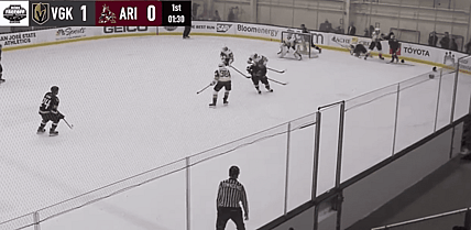 Vegas Golden Knights prospect Joe Fleming fights Arizona Coyotes prospect Jack McBain.