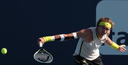 Mar 26, 2021; Miami, Florida, USA; Alexander Zverev of Germany hits a backhand against Emil Ruusuvuori of Finland (not pictured) in the second round in the Miami Open at Hard Rock Stadium. Mandatory Credit: Geoff Burke-USA TODAY Sports