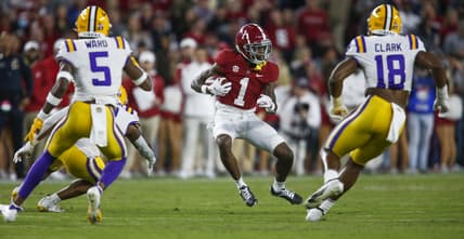 Nov 6, 2021; Tuscaloosa, Alabama, USA;  Alabama Crimson Tide wide receiver Jameson Williams (1) runs the ball against the LSU Tigers at Bryant-Denny Stadium. Mandatory Credit: Gary Cosby Jr.-USA TODAY Sports