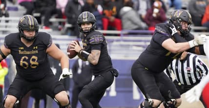 Oct 28, 2023; Evanston, Illinois, USA; Northwestern Wildcats quarterback Brendan Sullivan (6) looks to pass against the Maryland Terrapins during the first half at Ryan Field. Mandatory Credit: David Banks-USA TODAY Sports