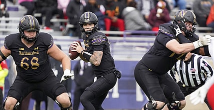 Oct 28, 2023; Evanston, Illinois, USA; Northwestern Wildcats quarterback Brendan Sullivan (6) looks to pass against the Maryland Terrapins during the first half at Ryan Field. Mandatory Credit: David Banks-USA TODAY Sports