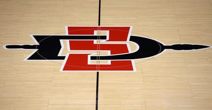 Dec 18, 2020; San Diego, California, USA; A detailed view of the San Diego State Aztecs logo at midcourt before the game against the Brigham Young Cougars at Viejas Arena. Mandatory Credit: Orlando Ramirez-USA TODAY Sports
