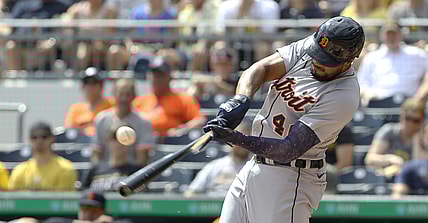 Sep 6, 2021; Pittsburgh, Pennsylvania, USA;  Detroit Tigers third baseman Jeimer Candelario (46) breaks his bat against the Pittsburgh Pirates during the first inning at PNC Park. Mandatory Credit: Charles LeClaire-USA TODAY Sports