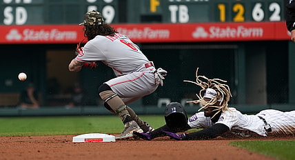 May 15, 2021; Denver, Colorado, USA; Colorado Rockies left fielder Raimel Tapia (15) slides into second base after hitting a double as Cincinnati Reds second baseman Jonathan India (6) tries to make a play during the first inning against the Cincinnati Reds at Coors Field. Mandatory Credit: Troy Babbitt-USA Sports