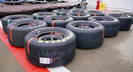 Oct 24, 2021; Kansas City, Kansas, USA; A general view of tires along pit row before the Hollywood Casino 400 at Kansas Speedway. Mandatory Credit: Denny Medley-USA TODAY Sports