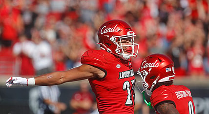 Louisville   s Ahmari Huggins-Bruce celebrates scoring a touchdown with Isaac Guerendo against Boston College Saturday afternoon in L & N Stadium.
Sept. 23, 2023