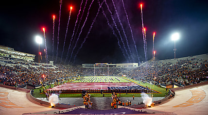 Nov 6, 2021; El Paso, Texas, USA; The UTEP marching band and color guard are seen as fireworks burst before a game between the UTEP Miners and the UTSA Roadrunners at Sun Bowl stadium. UTSA won 44-23. Mandatory Credit: Ivan Pierre Aguirre-USA TODAY Sports