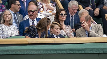 Jul 10, 2022; London, United Kingdom; HRH The Duke and HRH The Duchess of Cambridge with HRH Prince George of Cambridge in attendance for the Novak Djokovic (SRB) and Nick Kyrgios (AUS) men   s final on day 14 at All England Lawn Tennis and Croquet Club. Mandatory Credit: Susan Mullane-USA TODAY Sports