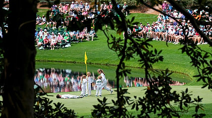 Apr 5, 2023; Augusta, Georgia, USA; Kevin Kisner and Gary Woodland's children play on the no. 8 green during the Par 3 Contest at The Masters golf tournament at Augusta National Golf Club. Mandatory Credit: Danielle Parhizkaran-USA TODAY Network

Pga Par 3 Contest