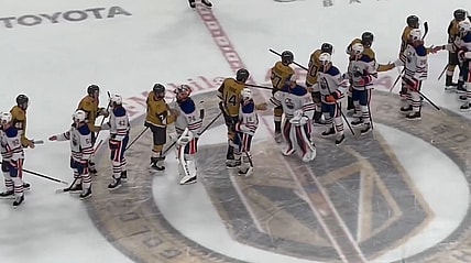The Vegas Golden Knights shake hands with the Edmonton Oilers following their elimination in Game 5 5/14/2025 (Photo/Screenshot- Vince Sapienza via Twitter)