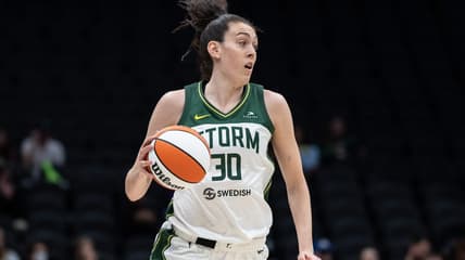 May 29, 2022; Seattle, Washington, USA; Seattle Storm forward Breanna Stewart (30) dribbles the ball against the New York Liberty at Climate Pledge Arena. Mandatory Credit: Stephen Brashear-USA TODAY Sports