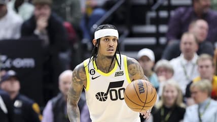 Nov 30, 2022; Salt Lake City, Utah, USA; Utah Jazz guard Jordan Clarkson (00) brings the ball up the court against against the Los Angeles Clippers in the second quarter at Vivint Arena. Mandatory Credit: Rob Gray-USA TODAY Sports