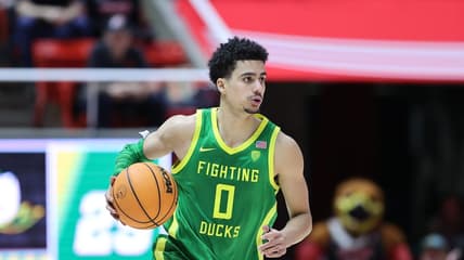 Jan 7, 2023; Salt Lake City, Utah, USA; Oregon Ducks guard Will Richardson (0) brings the ball up the court against the Utah Utes in the first half at Jon M. Huntsman Center. Mandatory Credit: Rob Gray-USA TODAY Sports