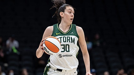 May 29, 2022; Seattle, Washington, USA; Seattle Storm forward Breanna Stewart (30) dribbles the ball against the New York Liberty at Climate Pledge Arena. Mandatory Credit: Stephen Brashear-USA TODAY Sports