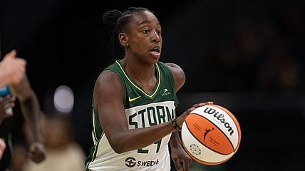 May 29, 2022; Seattle, Washington, USA; Seattle Storm guard Jewell Loyd (24) dribbles the ball against the New York Liberty at Climate Pledge Arena. Mandatory Credit: Stephen Brashear-USA TODAY Sports