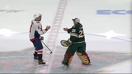 Alex Ovechkin shakes hands with Marc-André Fleury at center ice 3/27/2025 (Photo/Screenshot- Brady Trettenero via Twitter)