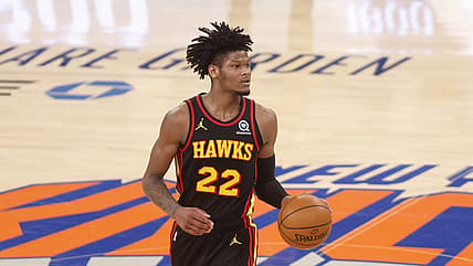 Feb 15, 2021; New York, New York, USA;  Atlanta Hawks' Cam Reddish (22) controls the ball against the New York Knicks during the fourth quarter at Madison Square Garden. Mandatory Credit: Jason DeCrow/Pool Photo-USA TODAY Sports