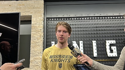 Vegas Golden Knights goaltender Carter Hart speaks with the media 12/1/2025