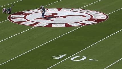 The University of Alabama showed off renovations to Bryant Denny Stadium Thursday, Oct. 1, 2020. A painter sprays the logo onto mid-field. [Staff Photo/Gary Cosby Jr.]

Bryant Denny Stadium Renovations