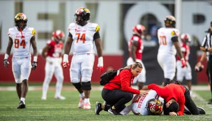 Maryland's Taulia Tagovailoa (3) is looked at by medical personnel during the Indiana versus Maryland football game at Memorial Stadium on Saturday, Oct. 15, 2022.

Iu Md Fb 2h Tagovailoa Hurt
