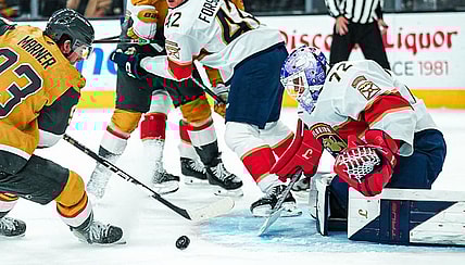 Florida Panthers goaltender Sergei Bobrovsky makes a save on Vegas Golden Knights forward Mitch Marner (Photo/Screenshot- NHL Public Relations via Twitter)