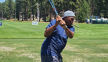 Charles Barkley warms up on the driving rage on Thursday, July 10, 2025 at Edgewood Tahoe golf course ahead of the American