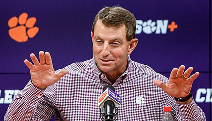 Clemson head coach Dabo Swinney speaks in the Smart Family Media Center at the Smart Family Media Center at the Poe Indoor Practice Facility in Clemson, S.C. Tuesday, Nov 21, 2023.